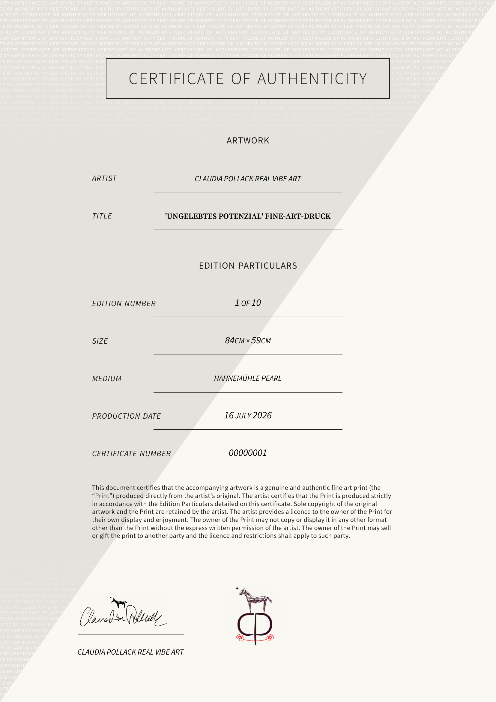 'Ungelebtes Potenzial' Fine-Art-Druck — Certificate of Authenticity