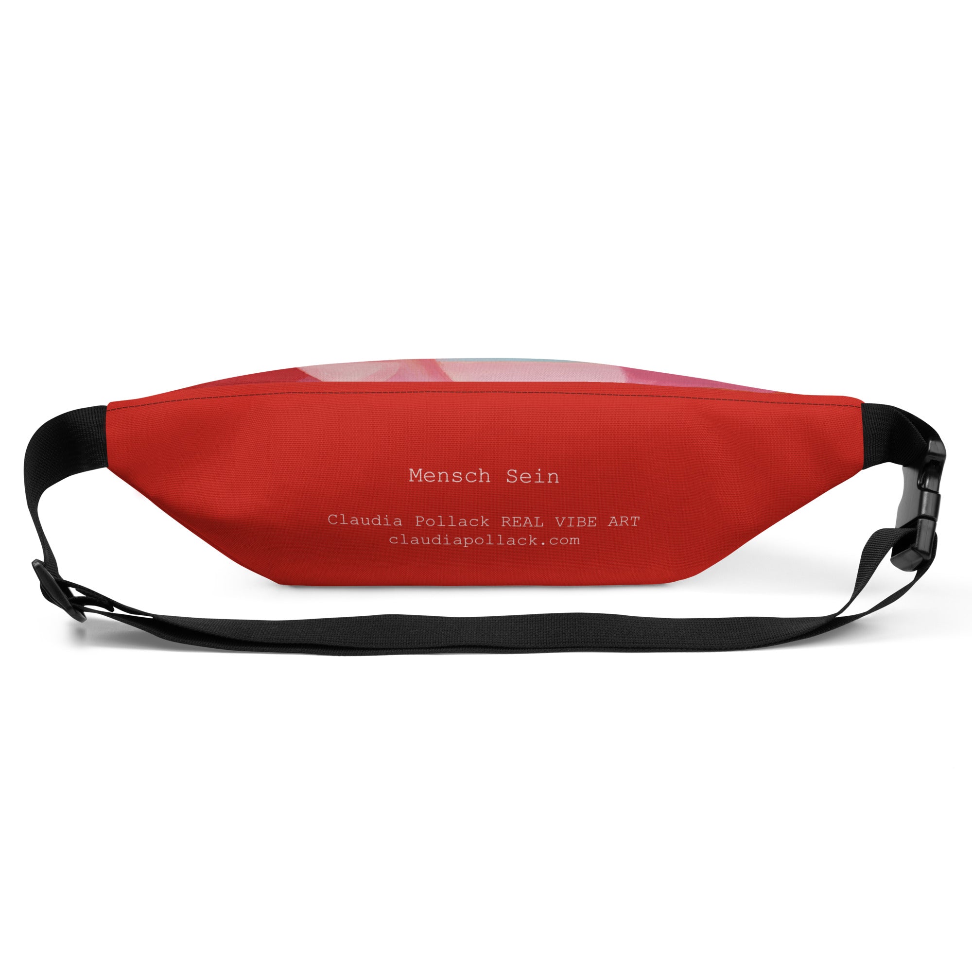 Red back of the "Being Human" belt bag with "Mensch Sein" lettering, Claudia Pollack REAL VIBE ART branding and a black strap with buckle.