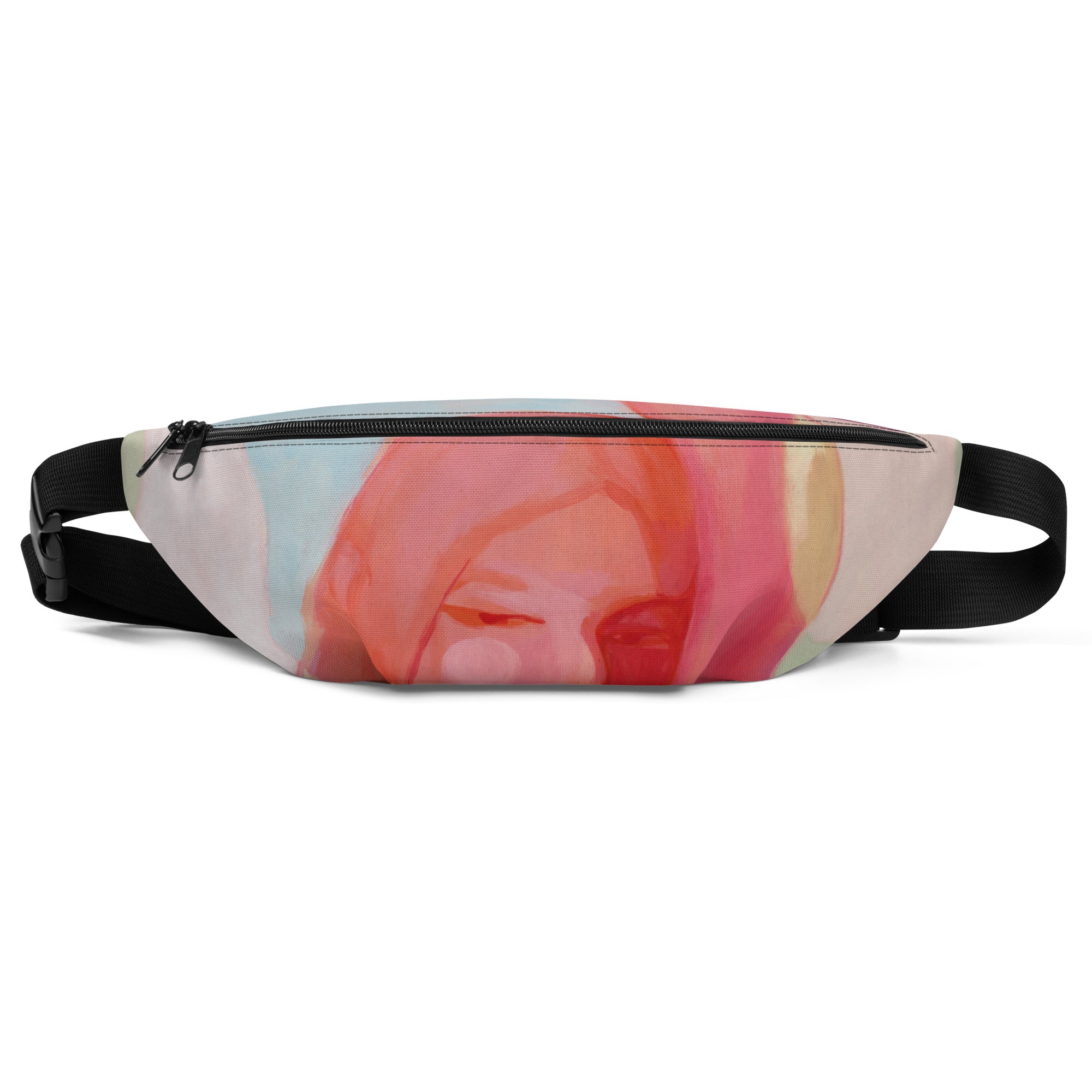 Front view of the "Being Human" belt bag featuring a woman's portrait in pink and coral tones, a black strap and zipper.