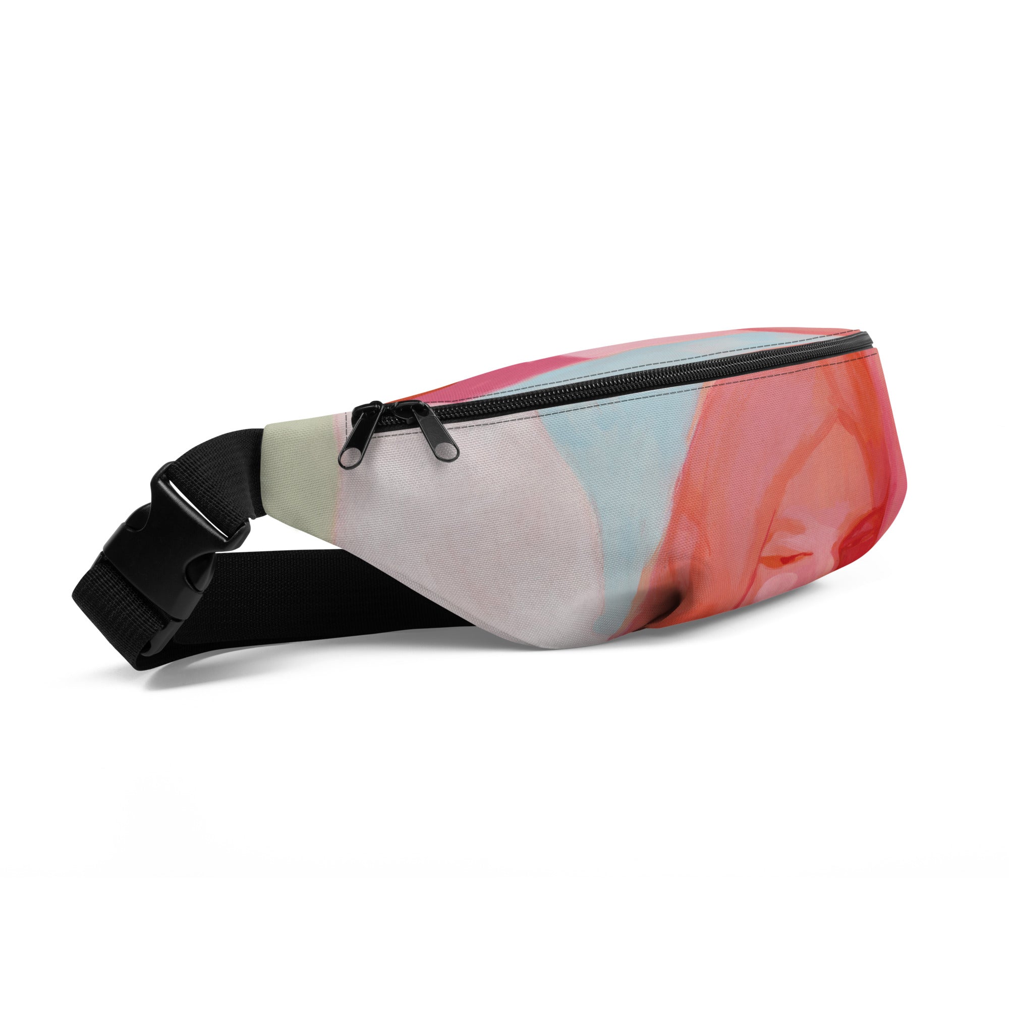 Angled front view of the "Being Human" belt bag with a woman's portrait, two black zipper sliders and an adjustable strap.