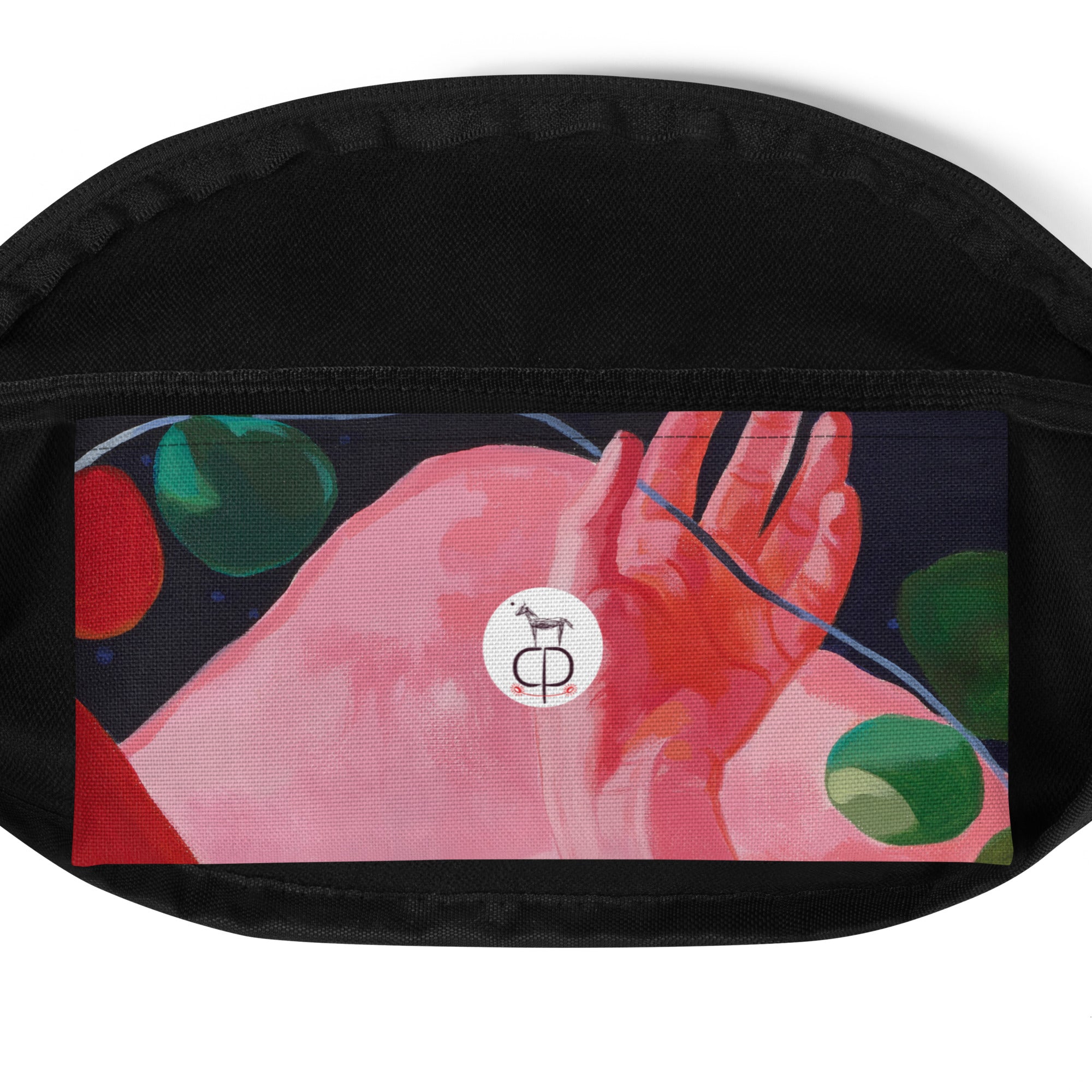  Open "Being Human" belt bag with black lining and a printed inner pocket featuring a hand motif and artist's logo.