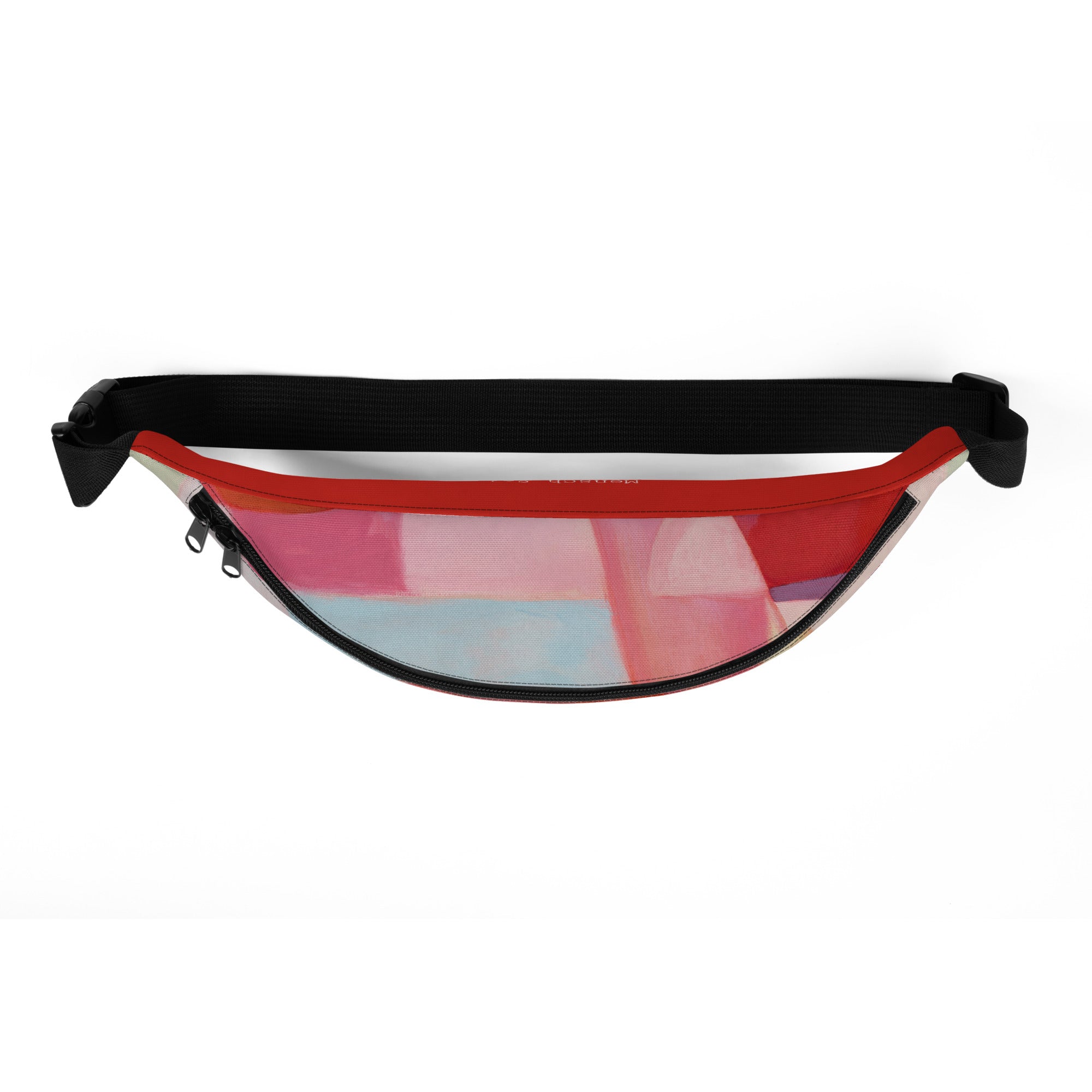 Top view of the "Being Human" belt bag with a colourful art print, black zipper and black strap.