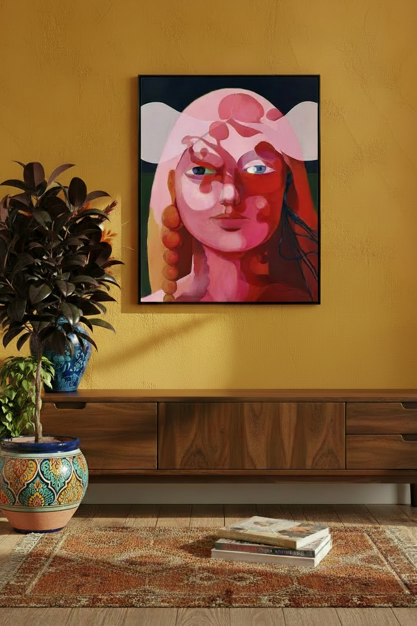"Gates" – Canvas print by Claudia Pollack in black floating frame, boho interior with rubber tree and sideboard on mustard yellow wall