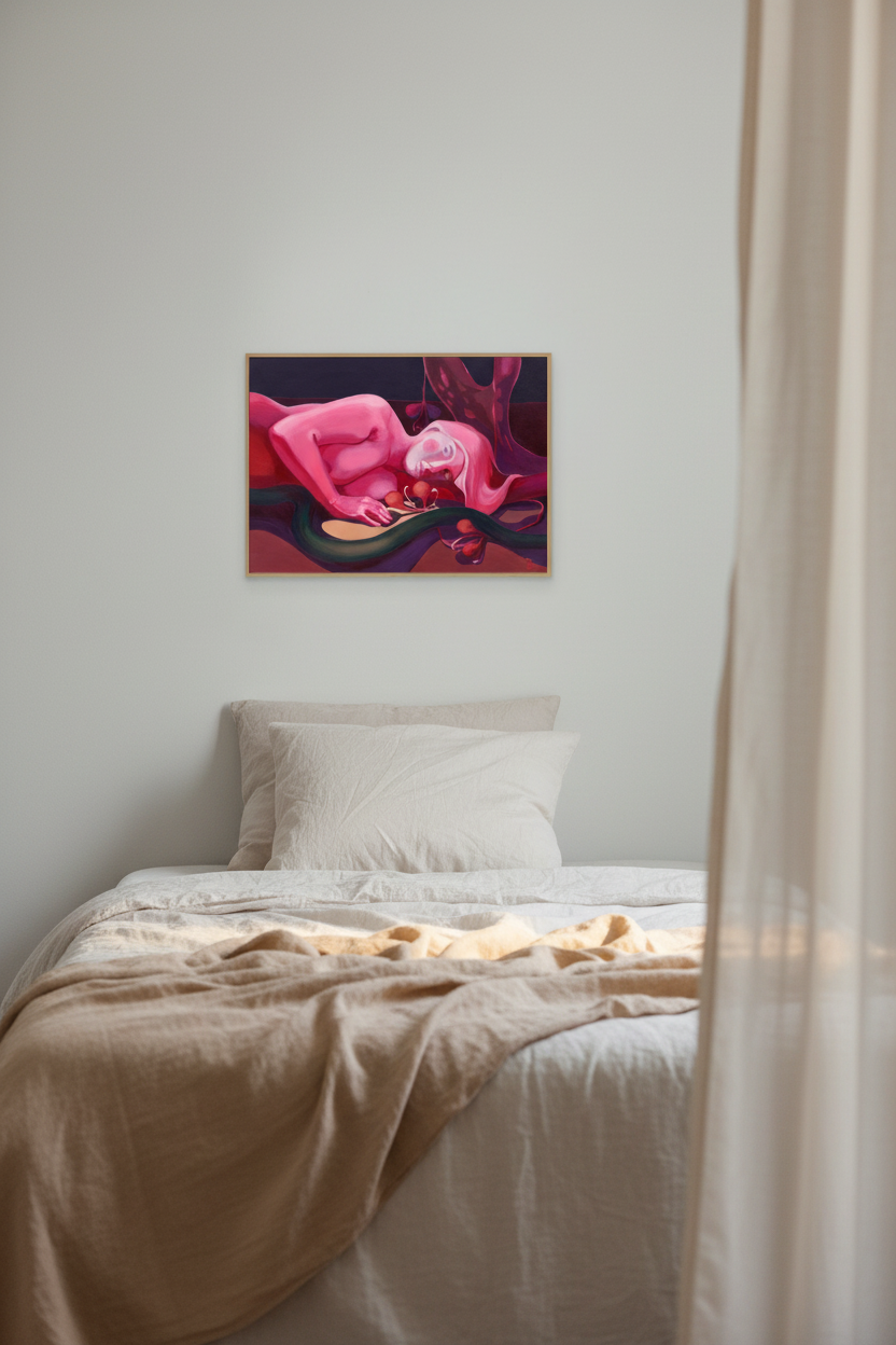 „Ungelebtes Potenzial" – Leinwanddruck von Claudia Pollack, heller Holz-Schattenfugenrahmen, Einzelbett, weiße Wand, Leinenvorhang