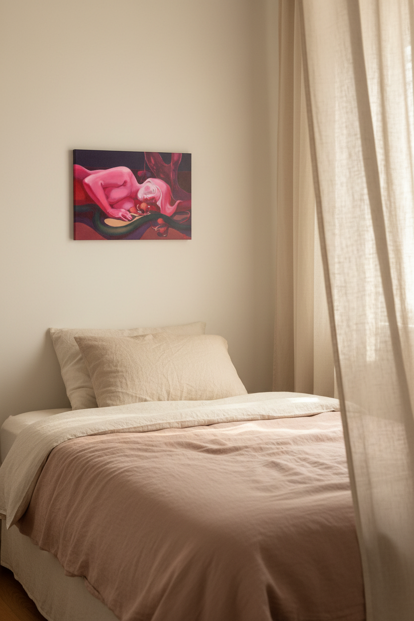  „Ungelebtes Potenzial" – Leinwanddruck von Claudia Pollack, rahmenlos, Einzelbett, warme Beige-Wand, Leinenvorhang