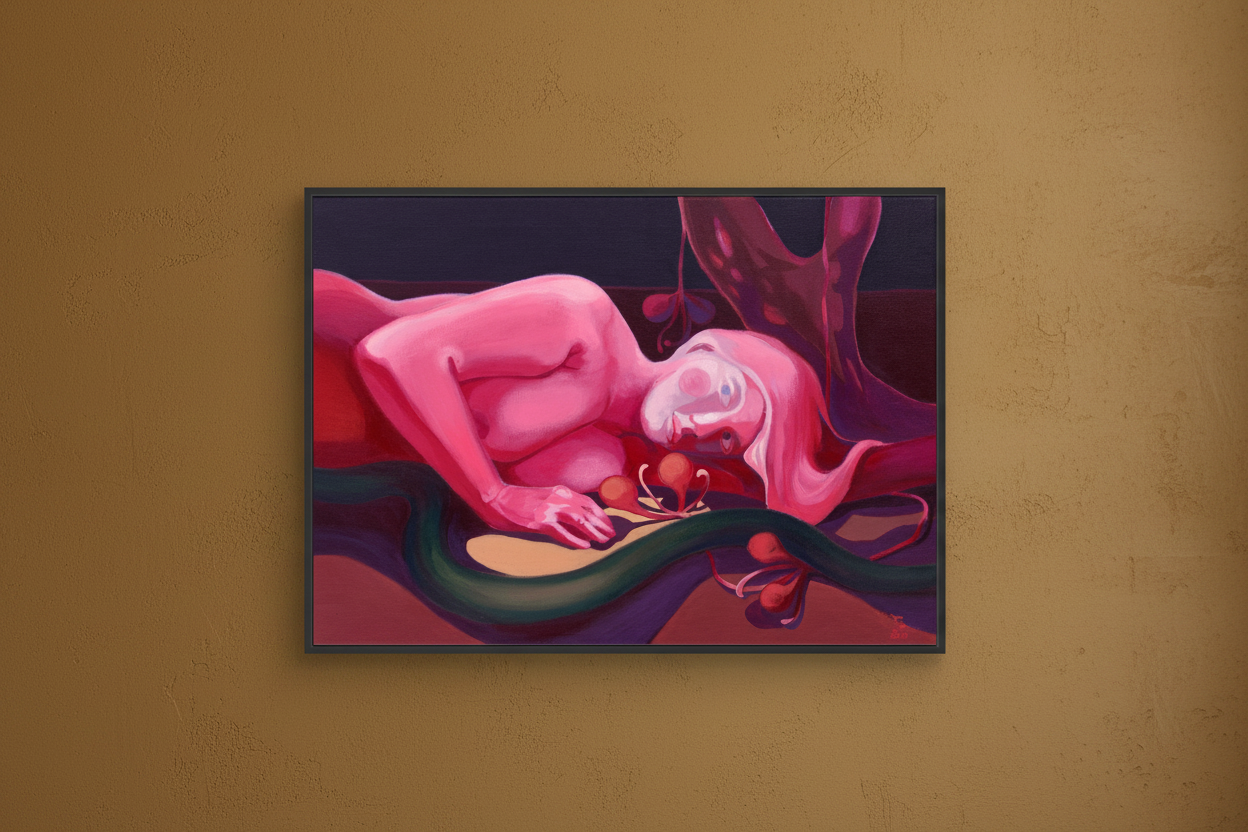 "Ungelebtes Potenzial" – Figurativer Giclée-Kunstdruck auf Leinwand | Claudia Pollack schwarzer Holzrahmen