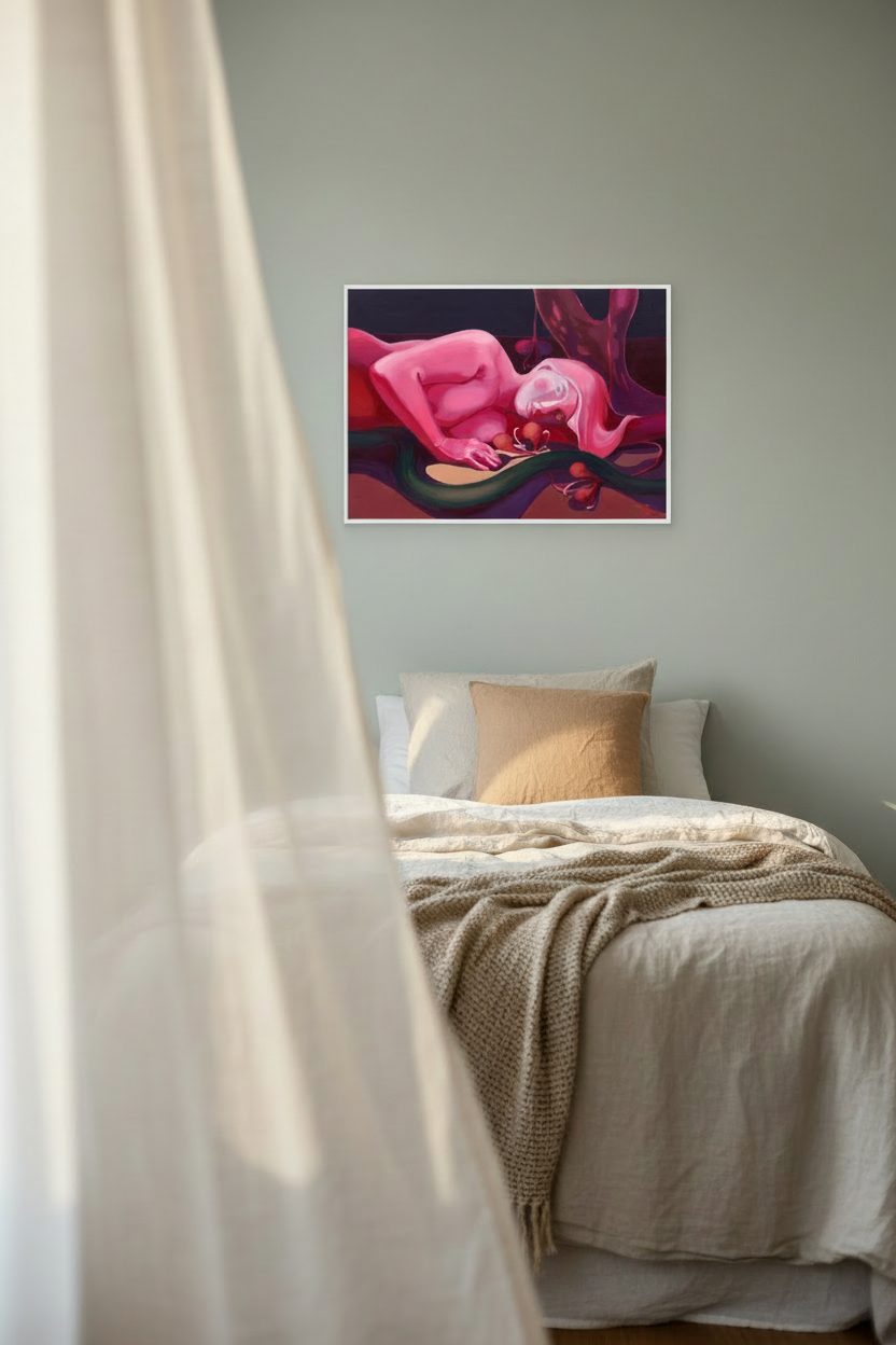 „Ungelebtes Potenzial" – Leinwanddruck von Claudia Pollack, weißer Schattenfugenrahmen, Einzelbett, grüne Wand, Leinenvorhang