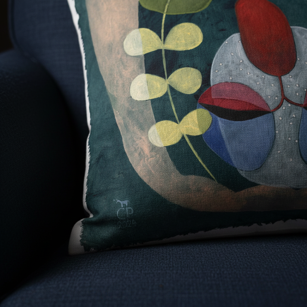 "The Magical Kitchen" – Detail shot of pillow motif on dark blue armchair | Claudia Pollack