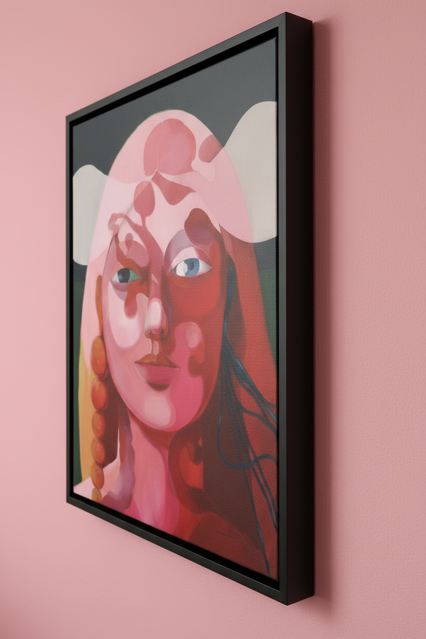  "Tore" – Leinwanddruck von Claudia Pollack im schwarzen Schattenfugenrahmen, Detailansicht von rechts an rosa Wand