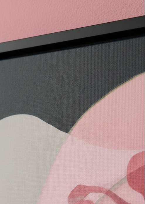 "Gates" – Canvas print by Claudia Pollack, close-up of black floating frame and canvas texture on pink wall
