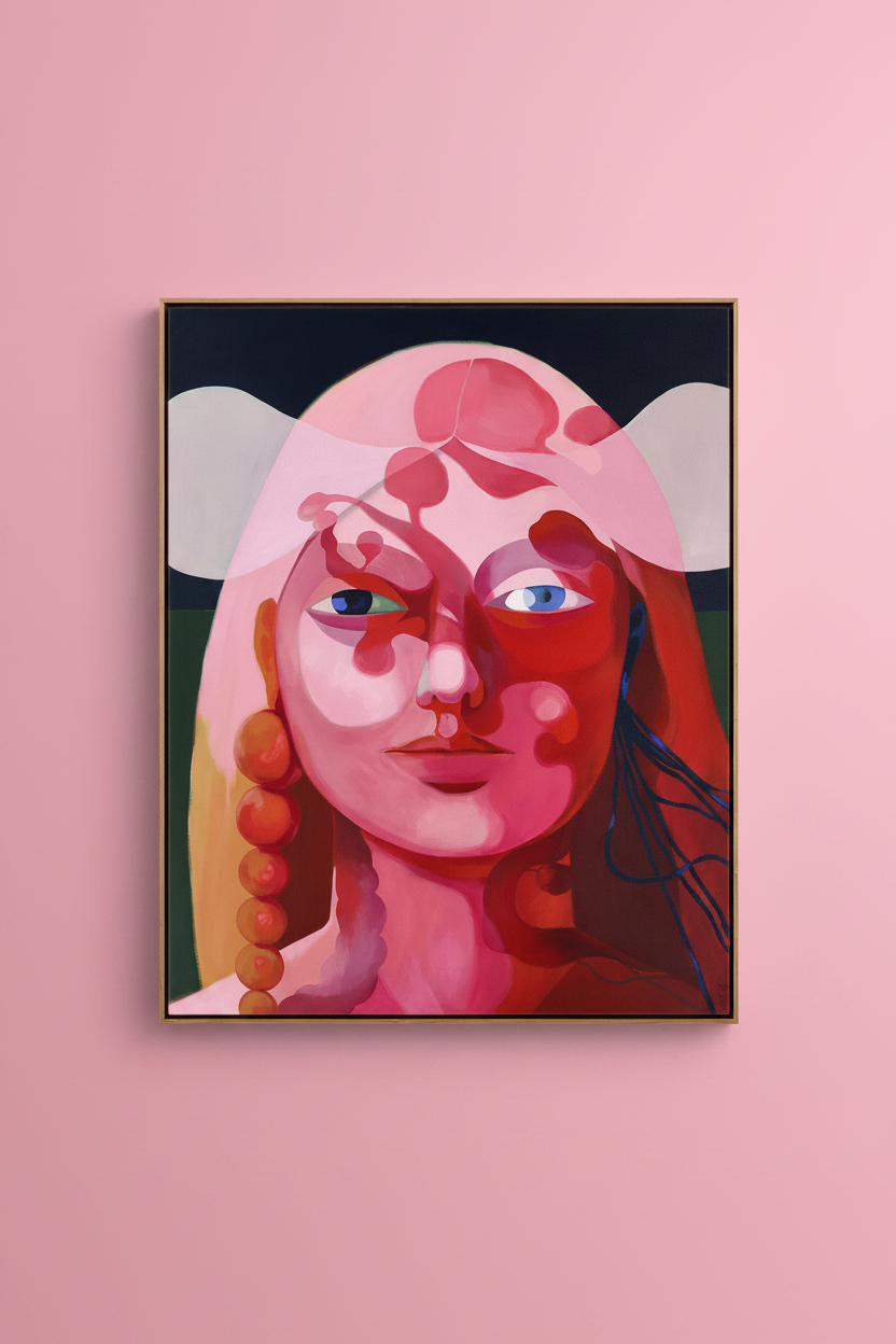 "Gates" – Canvas print by Claudia Pollack in oak floating frame on bright pink wall
