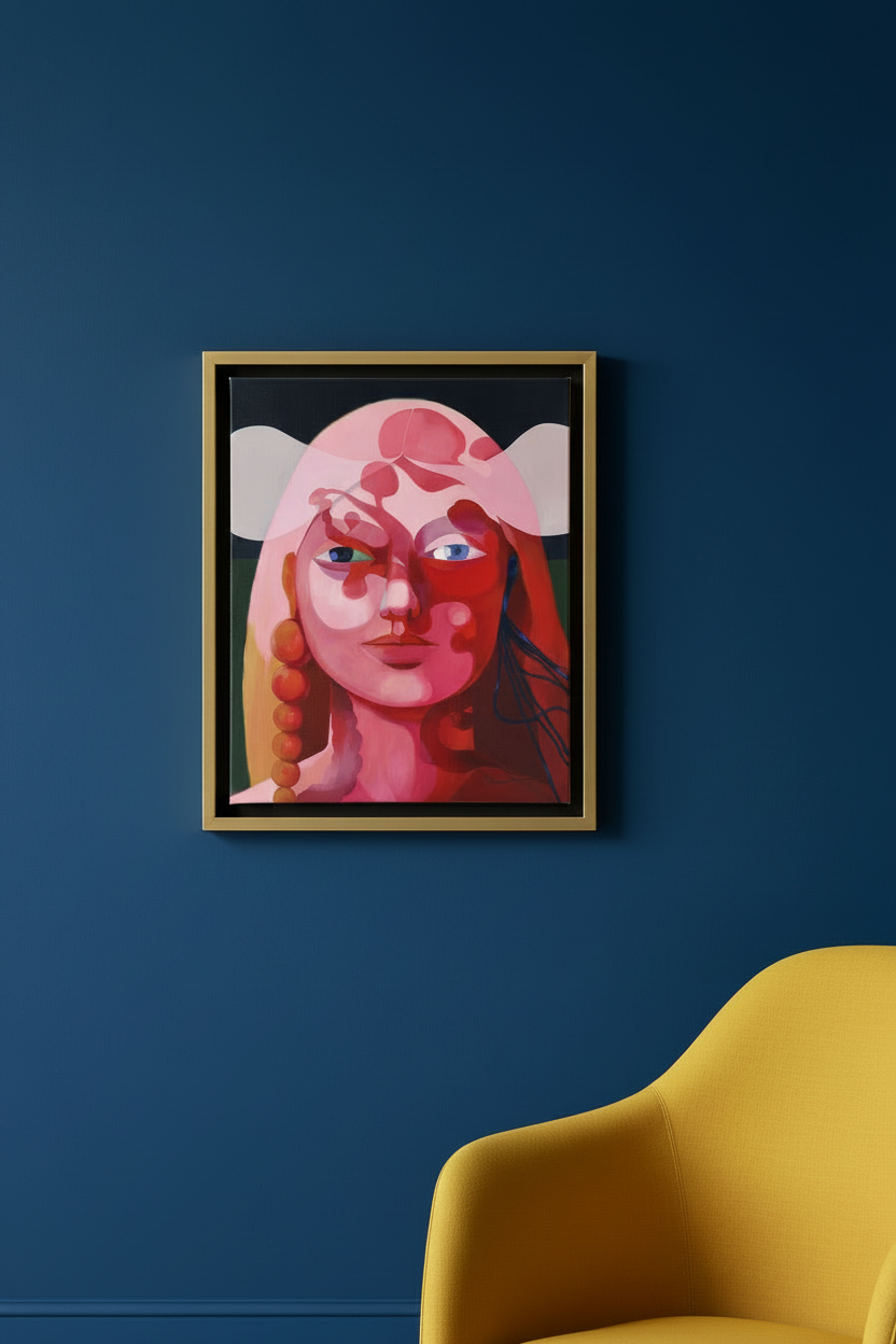 "Gates" – Canvas print by Claudia Pollack in gold floating frame on dark blue wall with yellow armchair