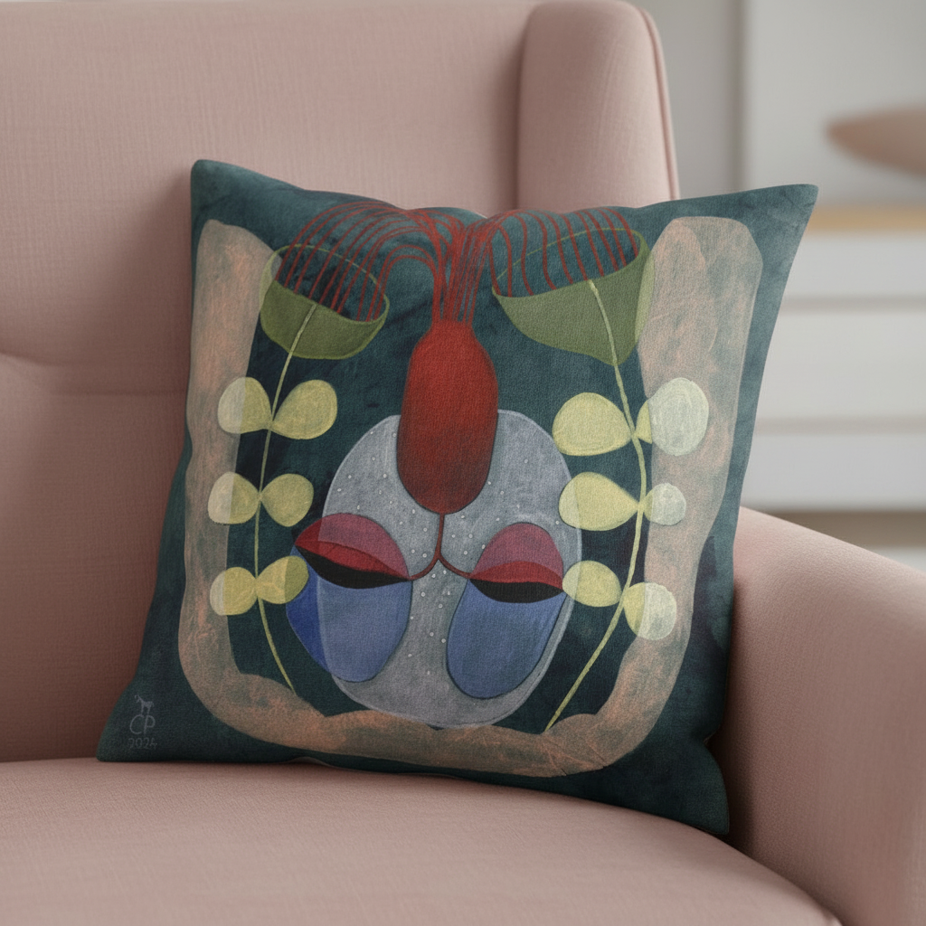 "The Magical Kitchen" – Pillow cover on rose pink armchair, front view | Claudia Pollack