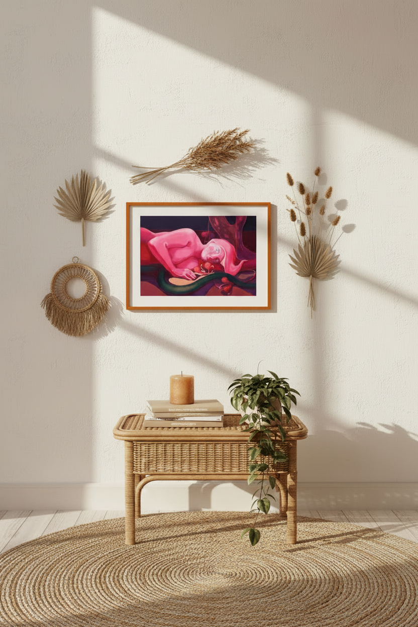 "Ungelebtes Potenzial" – Figurativer Giclée-Kunstdruck von Claudia Pollack mit Holzrahmen in Orange, an warmer beiger Wand mit Schattenwurf