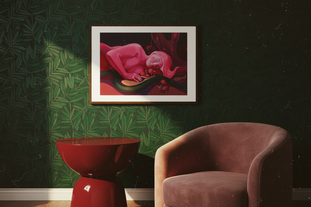 "Ungelebtes Potenzial" – Giclée-Kunstdruck von Claudia Pollack, Walnussrahmen, dunkelgrüne Botanik-Tapete