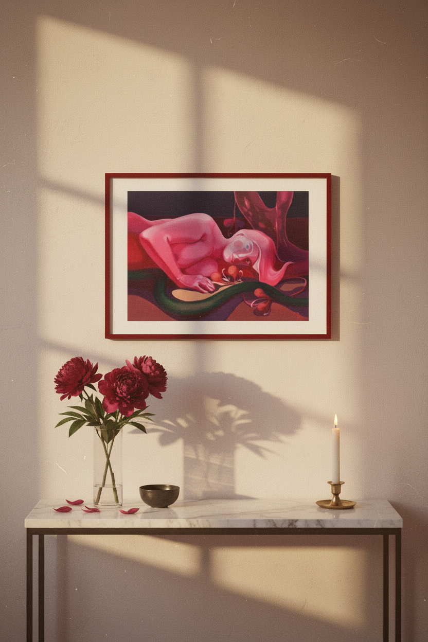 "Ungelebtes Potenzial" – Figurativer Giclée-Kunstdruck von Claudia Pollack im weinroten Rahmen, über einer Marmorkonsole mit Pfingstrosen und Kerze, warmes Seitenlicht