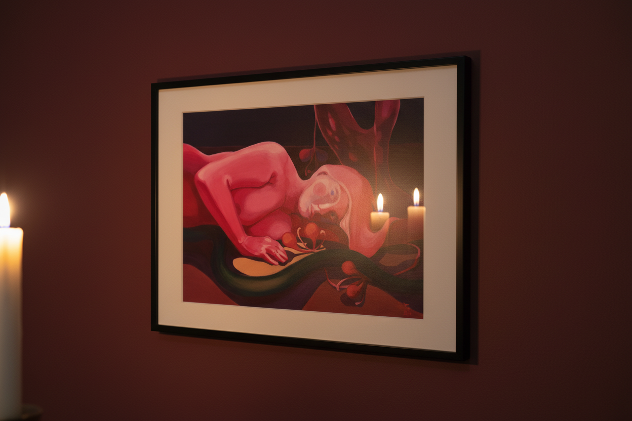 "Ungelebtes Potenzial" – Giclée-Kunstdruck von Claudia Pollack, schwarzer Rahmen, dunkelrote Wand, Kerzenlicht