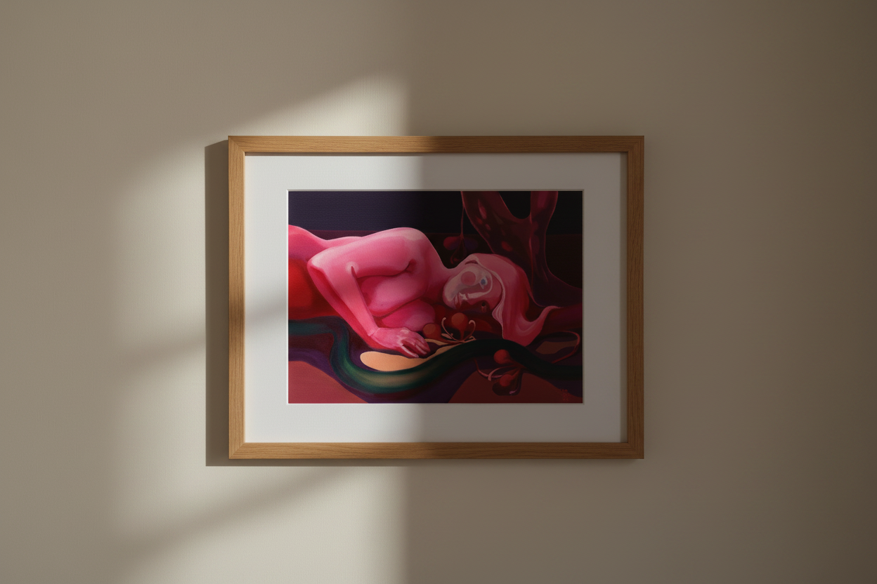 "Ungelebtes Potenzial" – Figurativer Giclée-Kunstdruck von Claudia Pollack im Goldrahmen, minimalistisch an warmer beiger Wand mit dramatischem Schattenwurf