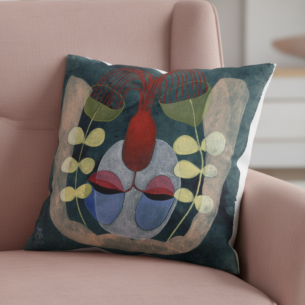 "The Magical Kitchen" – Pillow cover on rose pink armchair | Artwork by Claudia Pollack