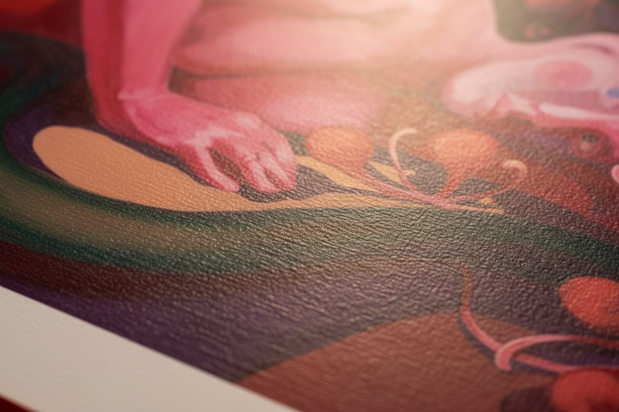 "Ungelebtes Potenzial" – Detailaufnahme Giclée-Kunstdruck von Claudia Pollack, Hand und Schlange in warmen Rottönen, sichtbare Papierstruktur und Pigmenttiefe