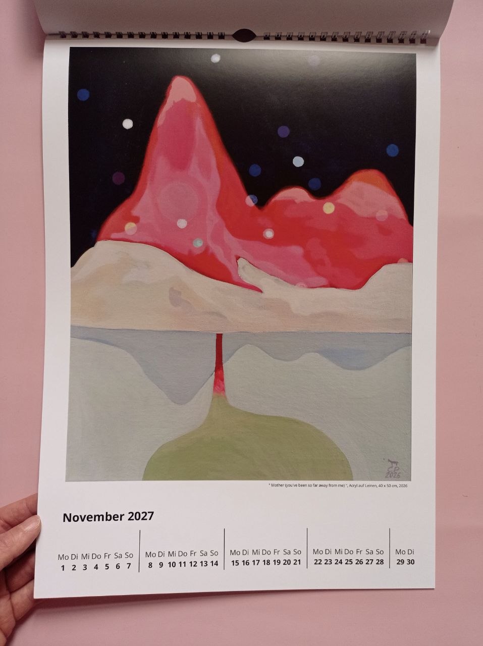 Novemberblatt 2027 mit "Mother (you've been so far away for me)": rote und helle bergartige Formen und abstrakte Formen vor dunklem Himmel.