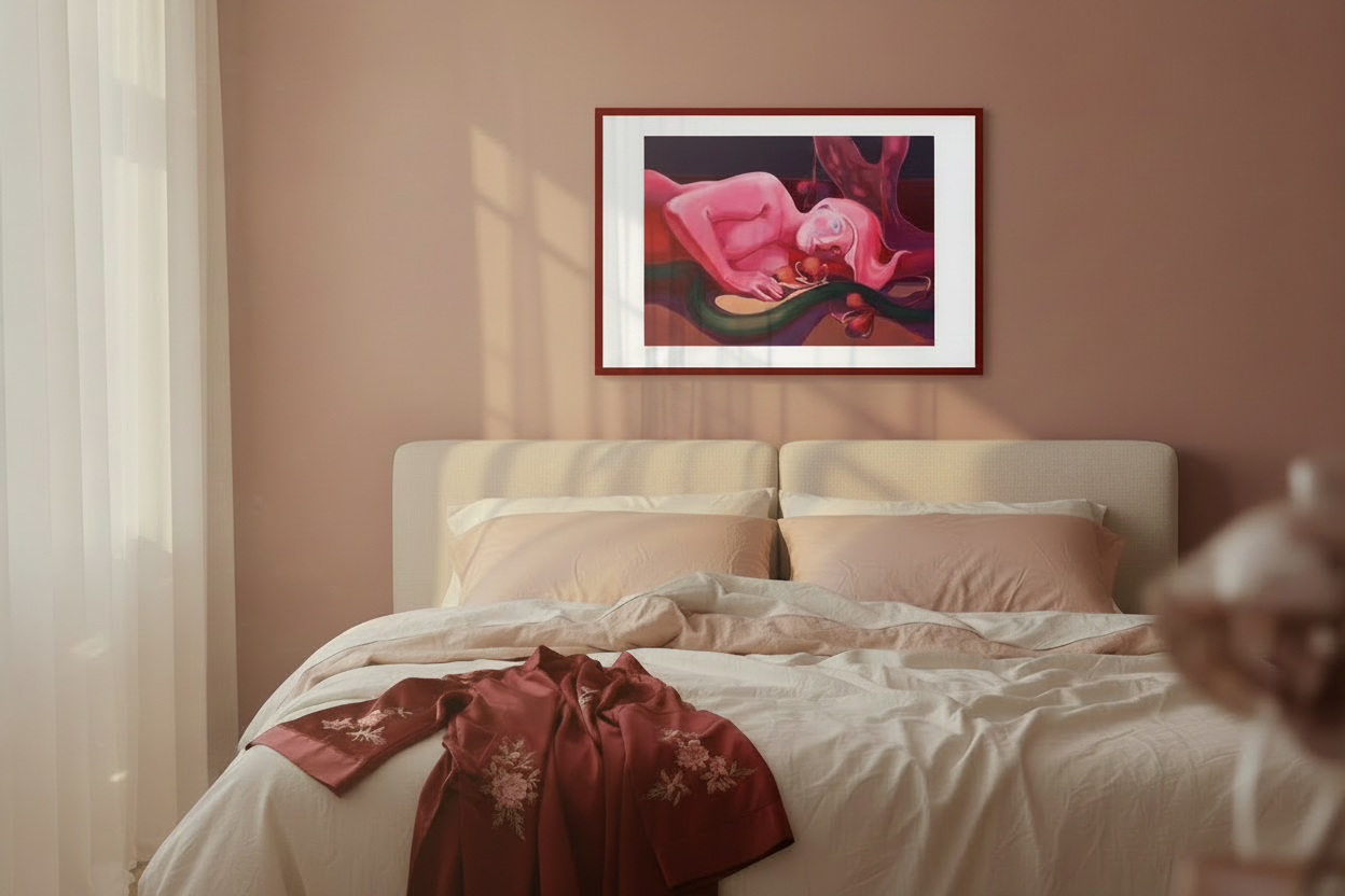 "Ungelebtes Potenzial" – Figurativer Giclée-Kunstdruck von Claudia Pollack im dunkelroten Rahmen, über einem cremefarbenen Bett mit Seidendecke, warme rosé Wandfarbe mit weichem Fensterlicht