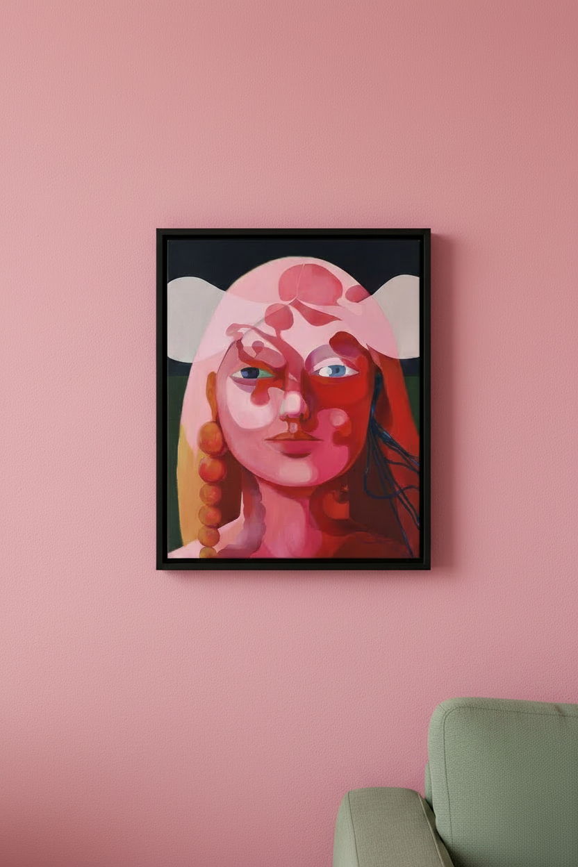 "Gates" – Canvas print by Claudia Pollack in black floating frame on bright pink wall