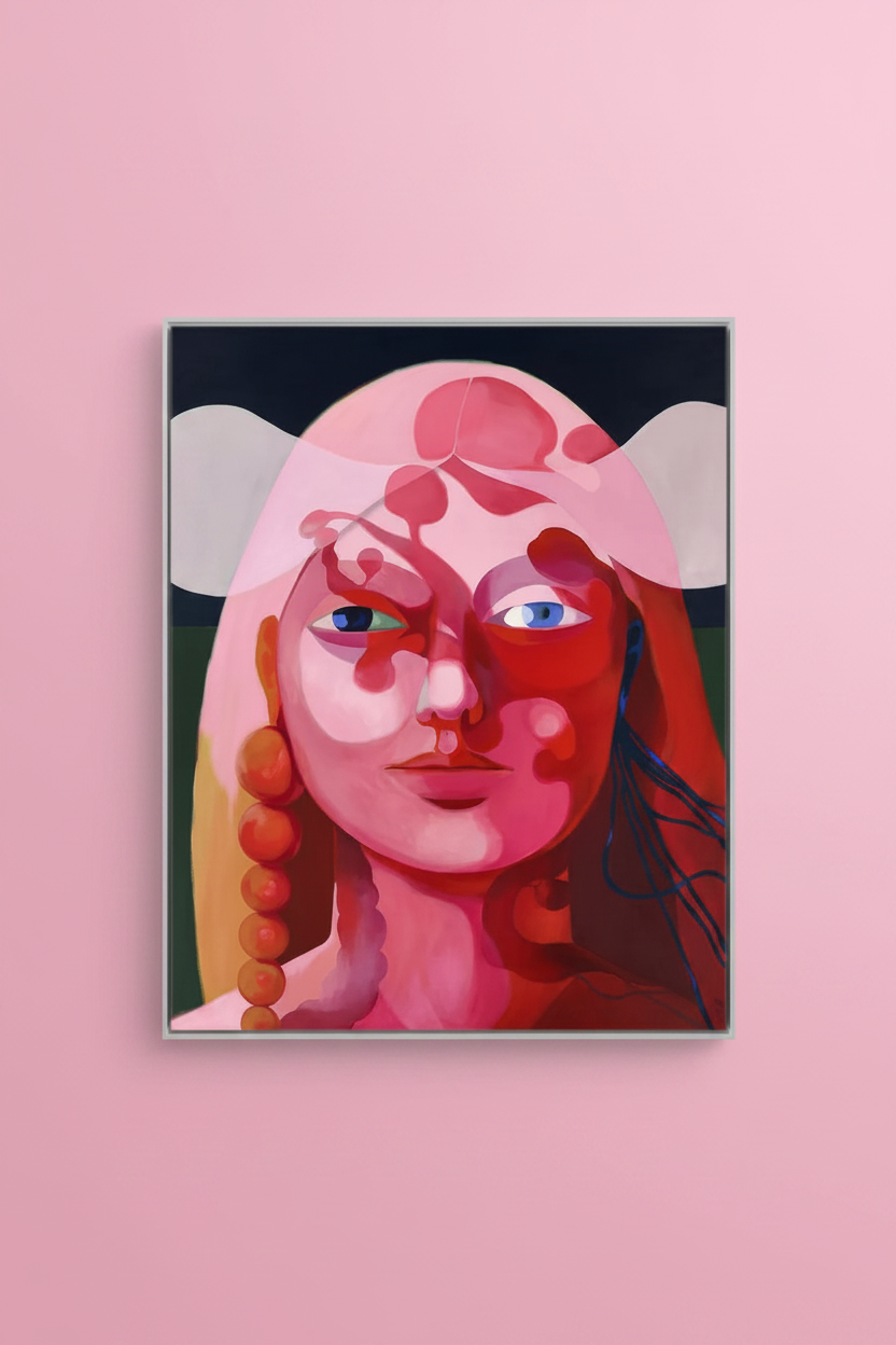 "Gates" – Canvas print by Claudia Pollack in white floating frame on bright pink wall