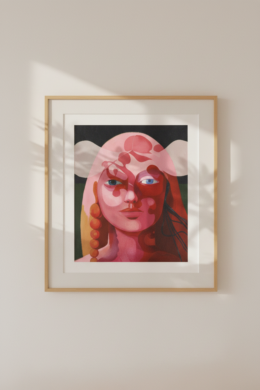"Tore" – Giclée-Kunstdruck von Claudia Pollack, Eichenrahmen, weiße Wand, natürliches Blattlicht fällt über Wand und Druck