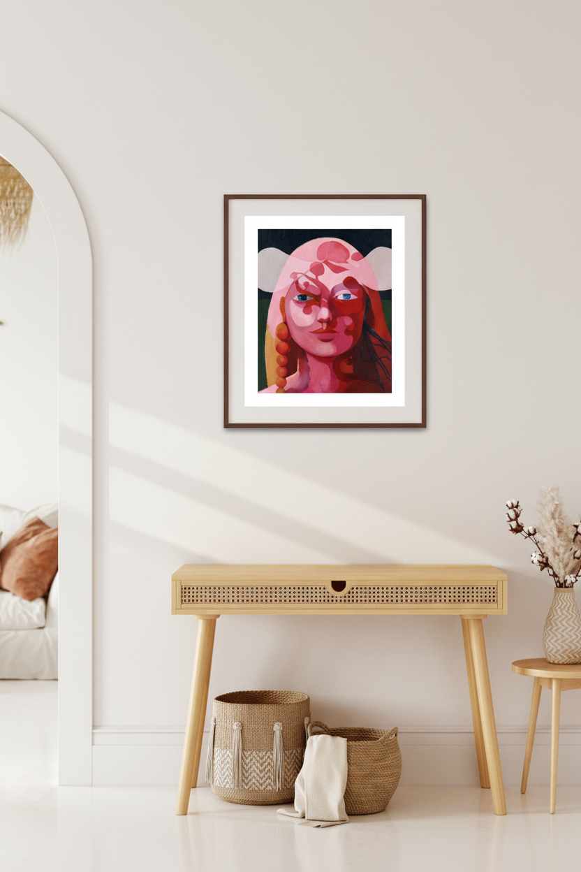 "Tore" – Giclée-Kunstdruck von Claudia Pollack, schmaler dunkelbrauner Rahmen, heller Raum