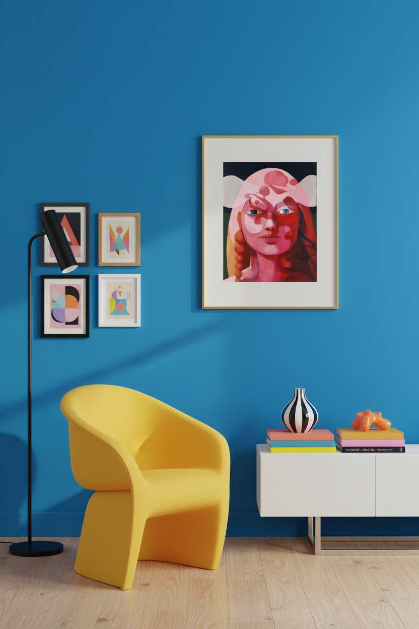 "Tore" – Giclée-Kunstdruck von Claudia Pollack, Goldrahmen, kobaltblaue Wand, gelber Sessel