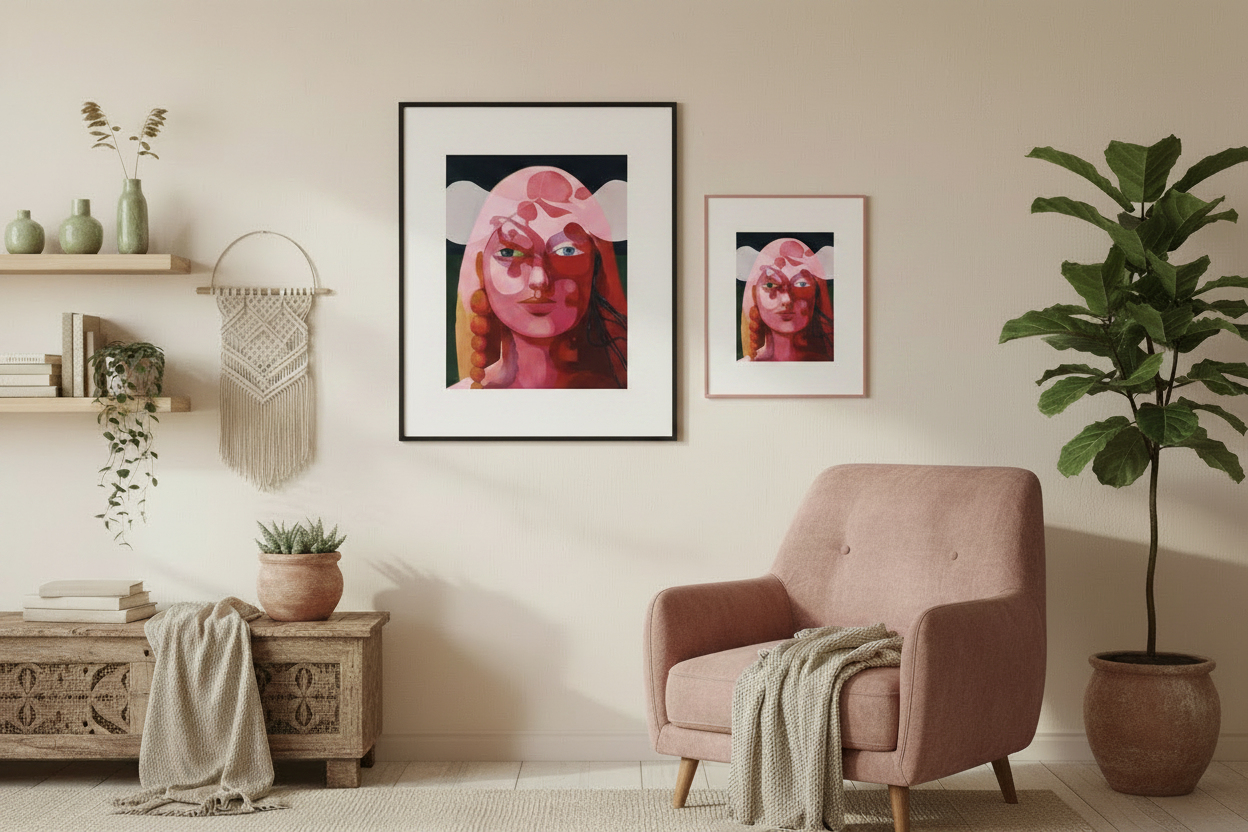 "Tore" – Giclée-Kunstdruck von Claudia Pollack, schwarzer und rosa Rahmen, warme Beige-Wand